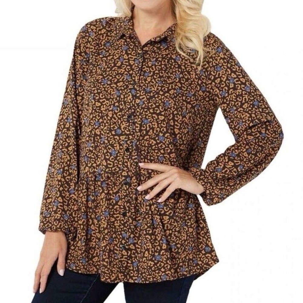 LOGO by Lori Goldstein Women's Brown Animal Print w/Blue Flowers Blouse- Size XL - Picture 3 of 9